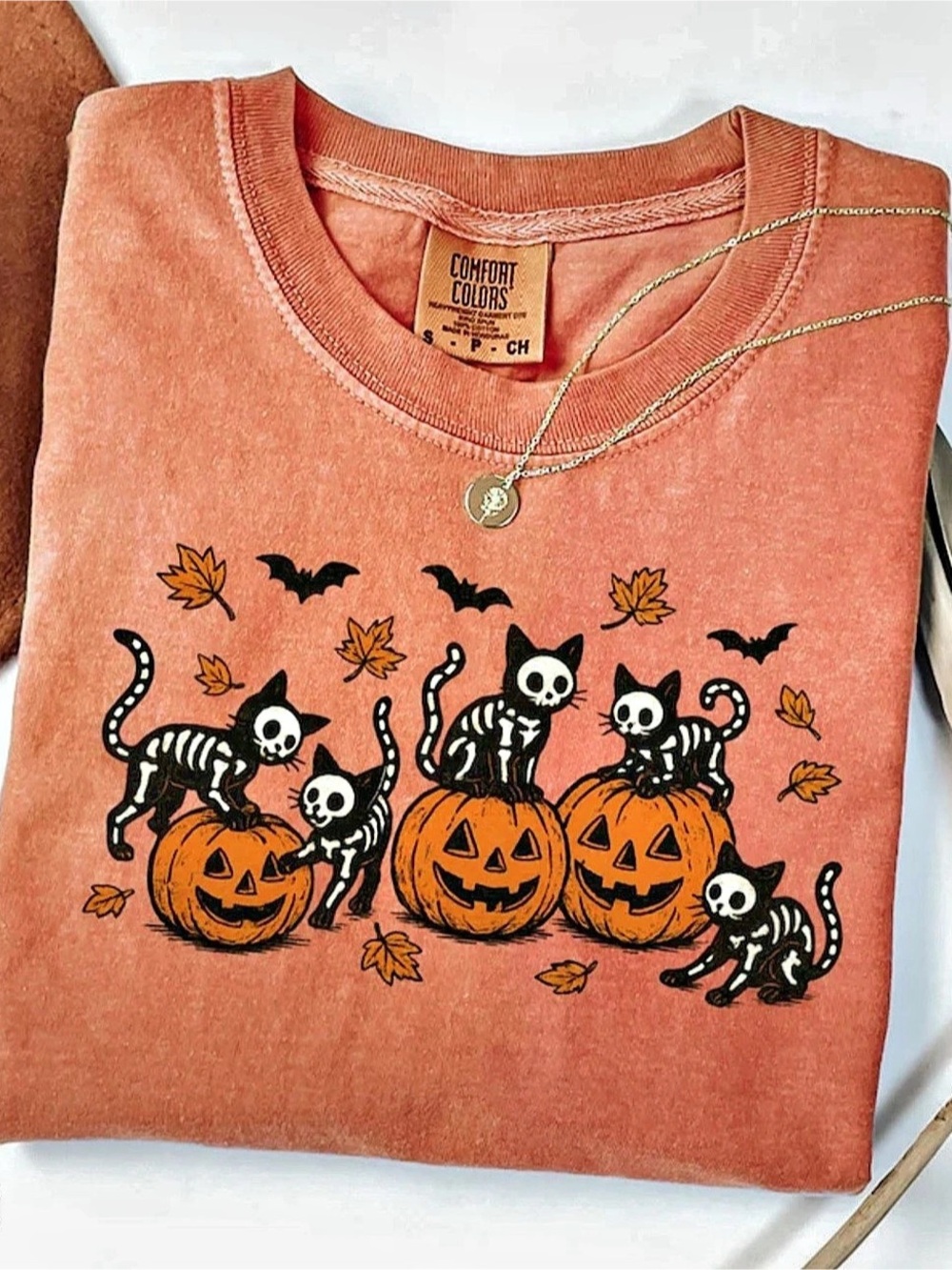 Comfort Colors Yam Heavyweight Ring Spun Tee - Skeleton Cats and Pumpkins